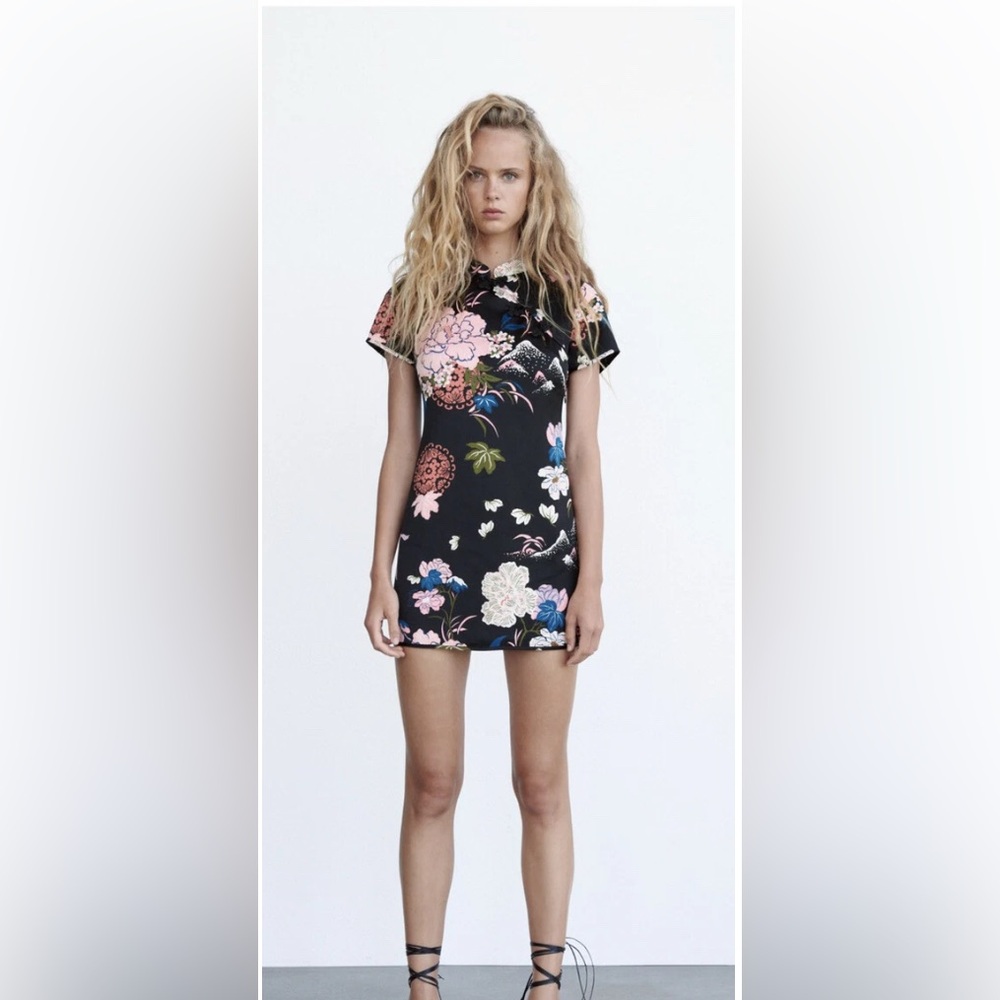 Zara Black Mini Dress with Floral Print